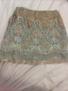 Embellished Sequin Mini Skirt in Gold and Light Blue